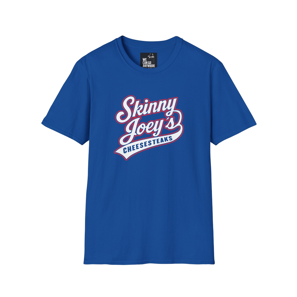 Skinny Joey's retro logo graphic tee in royal blue, Italian American pride apparel