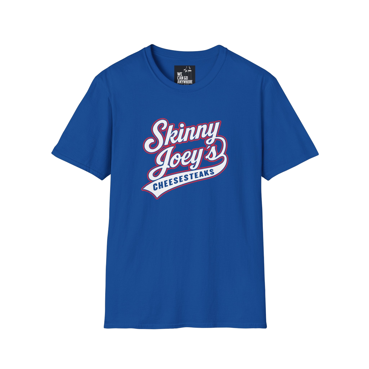 Skinny Joey's retro logo graphic tee in royal blue, Italian American pride apparel