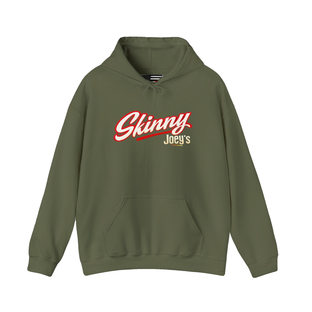 Skinny Joey's retro script logo hoodie in military green, Italian American pride apparel