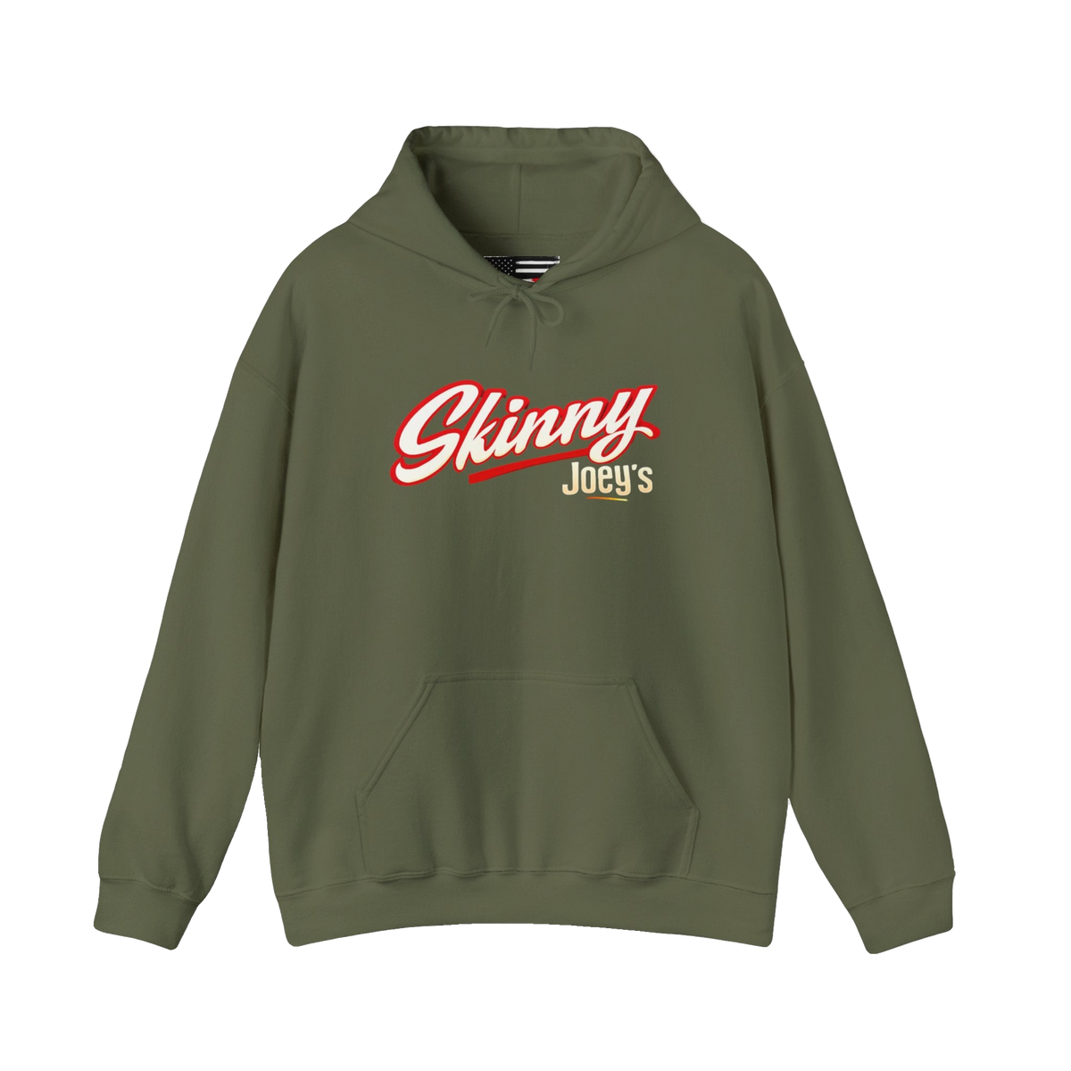 Skinny Joey's retro script logo hoodie in military green, Italian American pride apparel