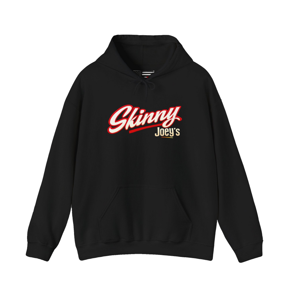 Skinny Joey's retro script logo hoodie in black, The Skinny Podcast with Joey Merlino & Lil Snuff merch