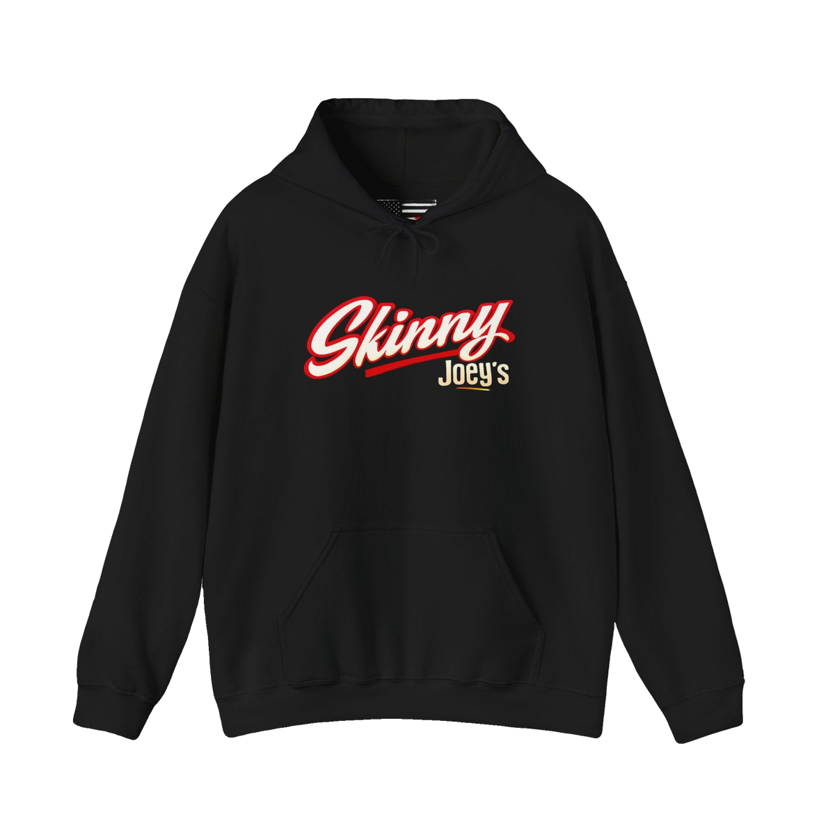 Skinny Joey's retro script logo hoodie in black, The Skinny Podcast with Joey Merlino & Lil Snuff merch
