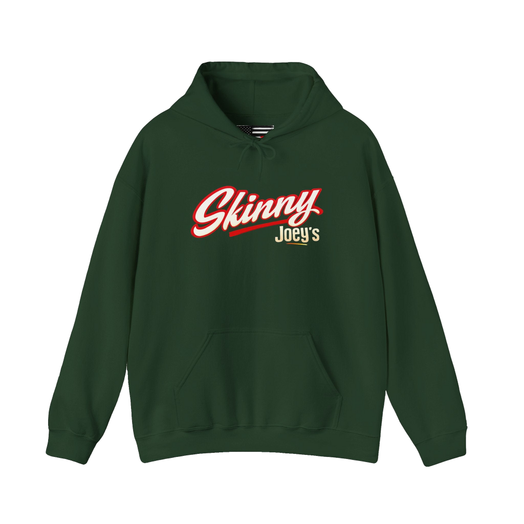 Skinny Joey's retro script logo hoodie in forest green, South Philly streetwear