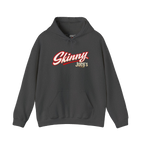 Skinny Joey's retro script logo hoodie in dark heather gray, The Skinny with Joey Merlino podcast merch