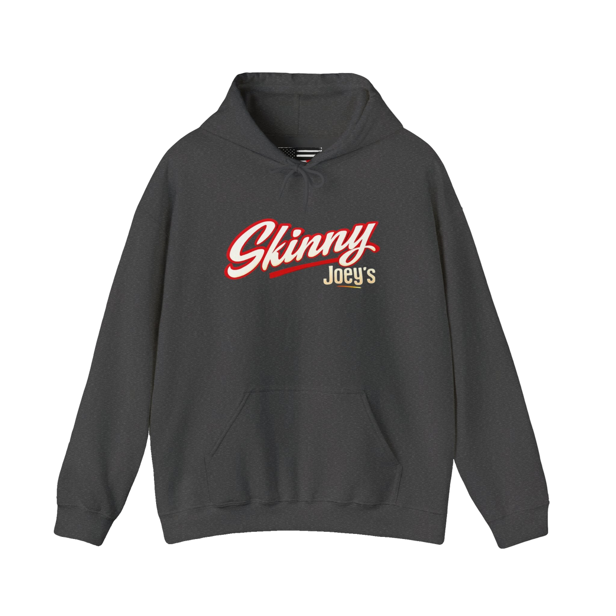 Skinny Joey's retro script logo hoodie in dark heather gray, The Skinny with Joey Merlino podcast merch