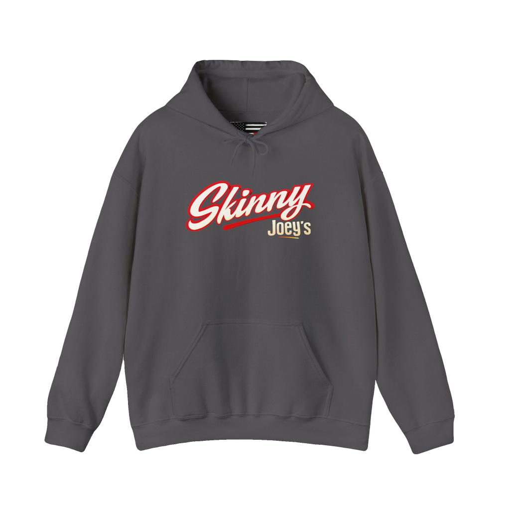Skinny Joey's retro script logo hoodie in charcoal, Italian American pride apparel