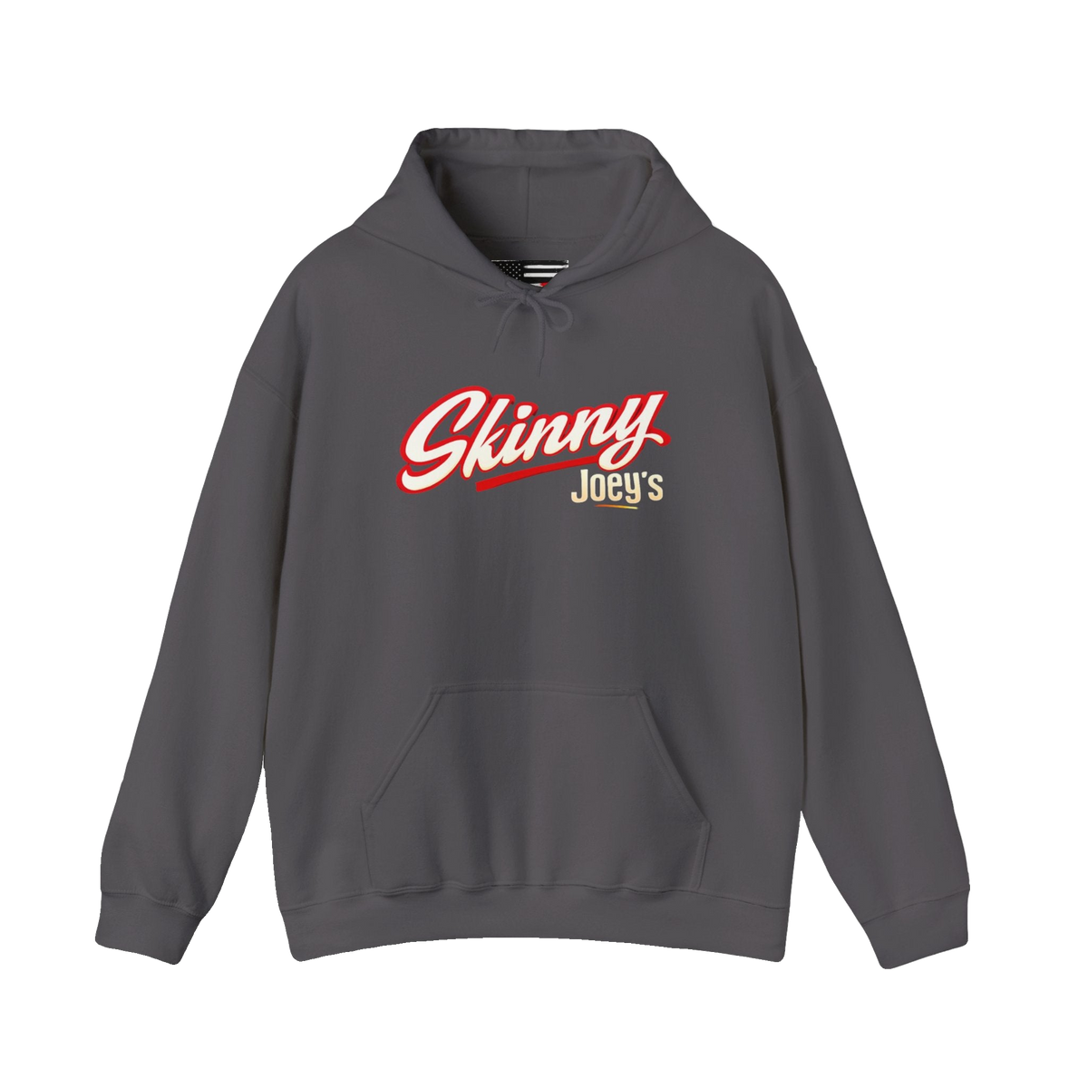 Skinny Joey's retro script logo hoodie in charcoal, Italian American pride apparel