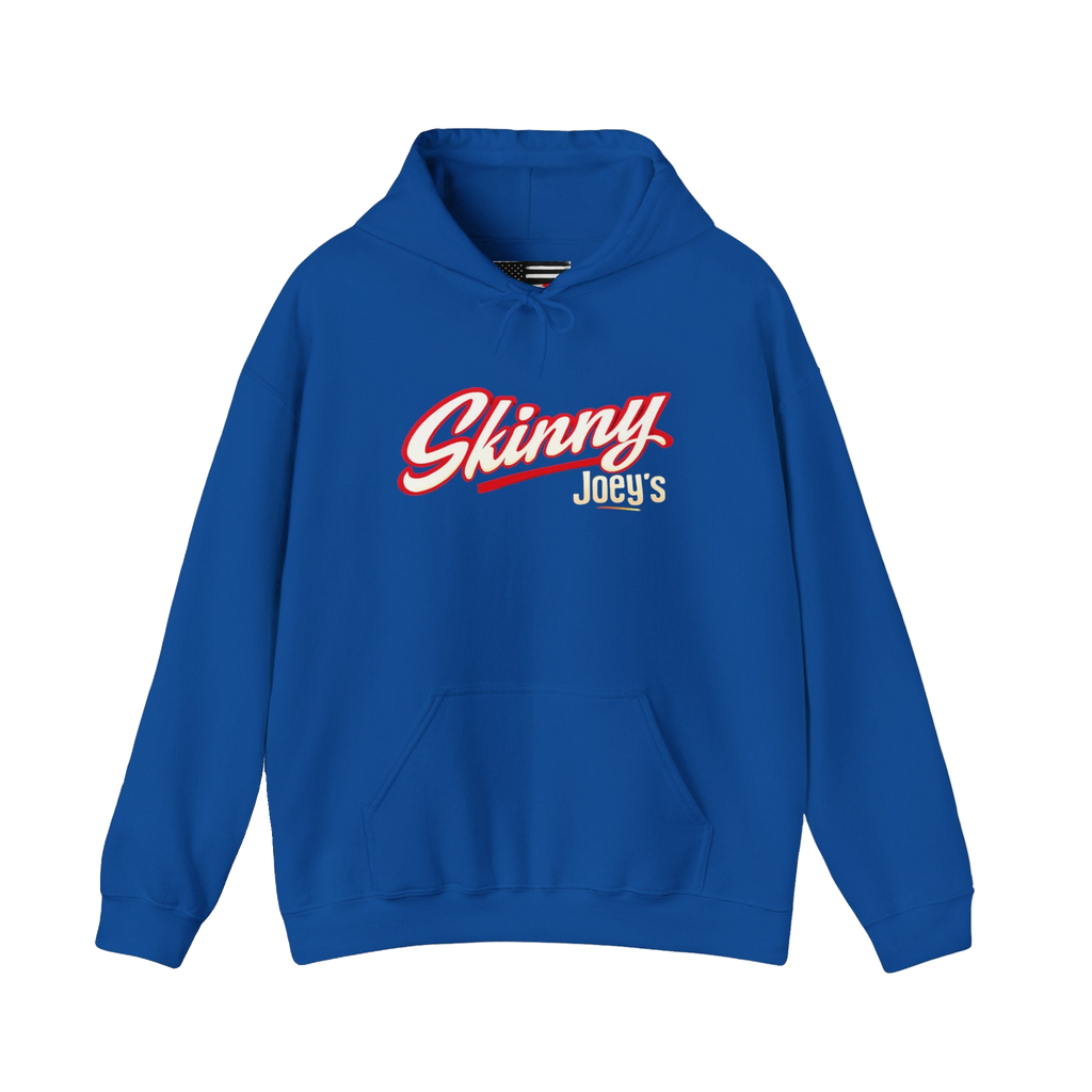 Skinny Joey's retro script logo hoodie in royal blue, The Skinny Podcast with Joey Merlino & Lil Snuff merch