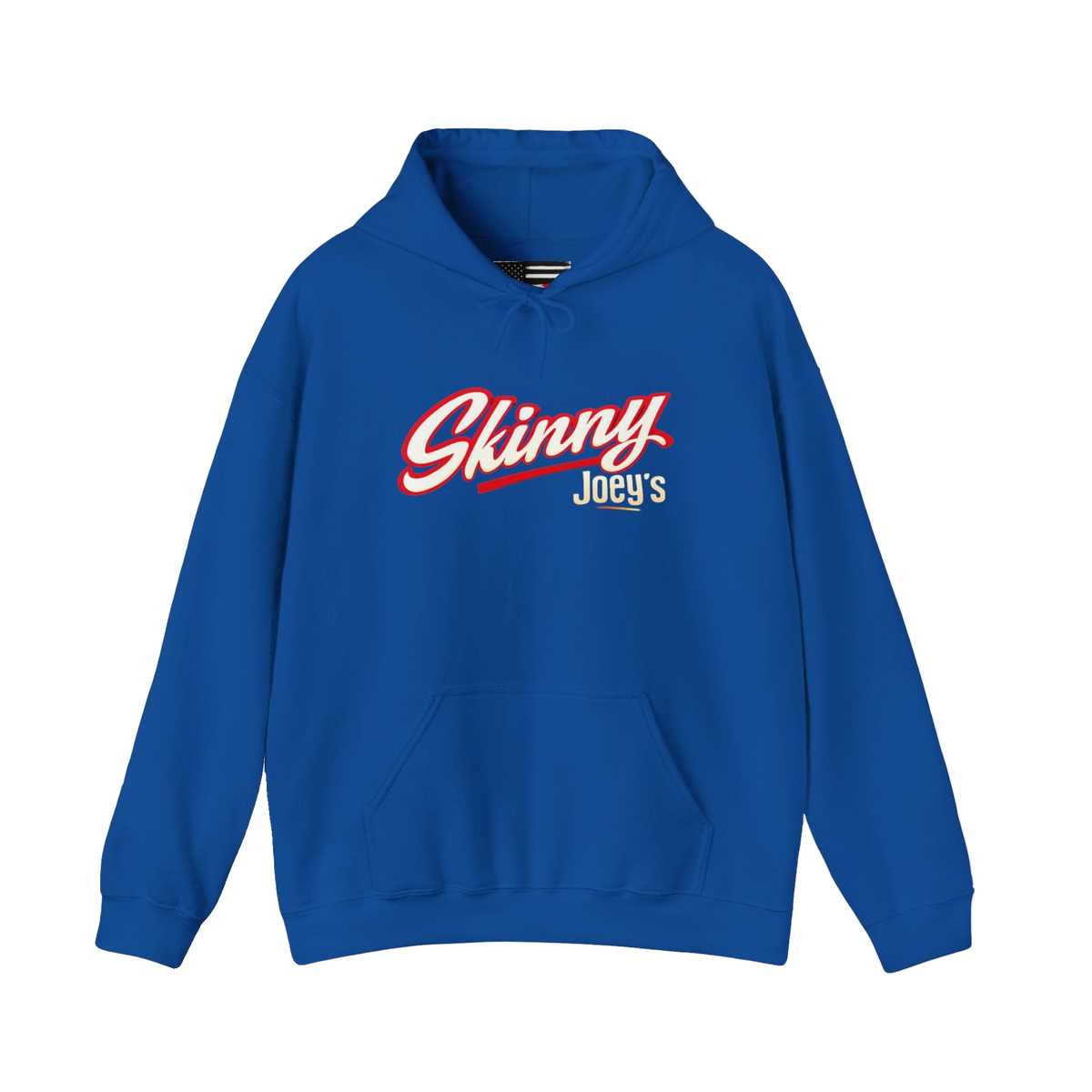 Skinny Joey's retro script logo hoodie in royal blue, The Skinny Podcast with Joey Merlino & Lil Snuff merch