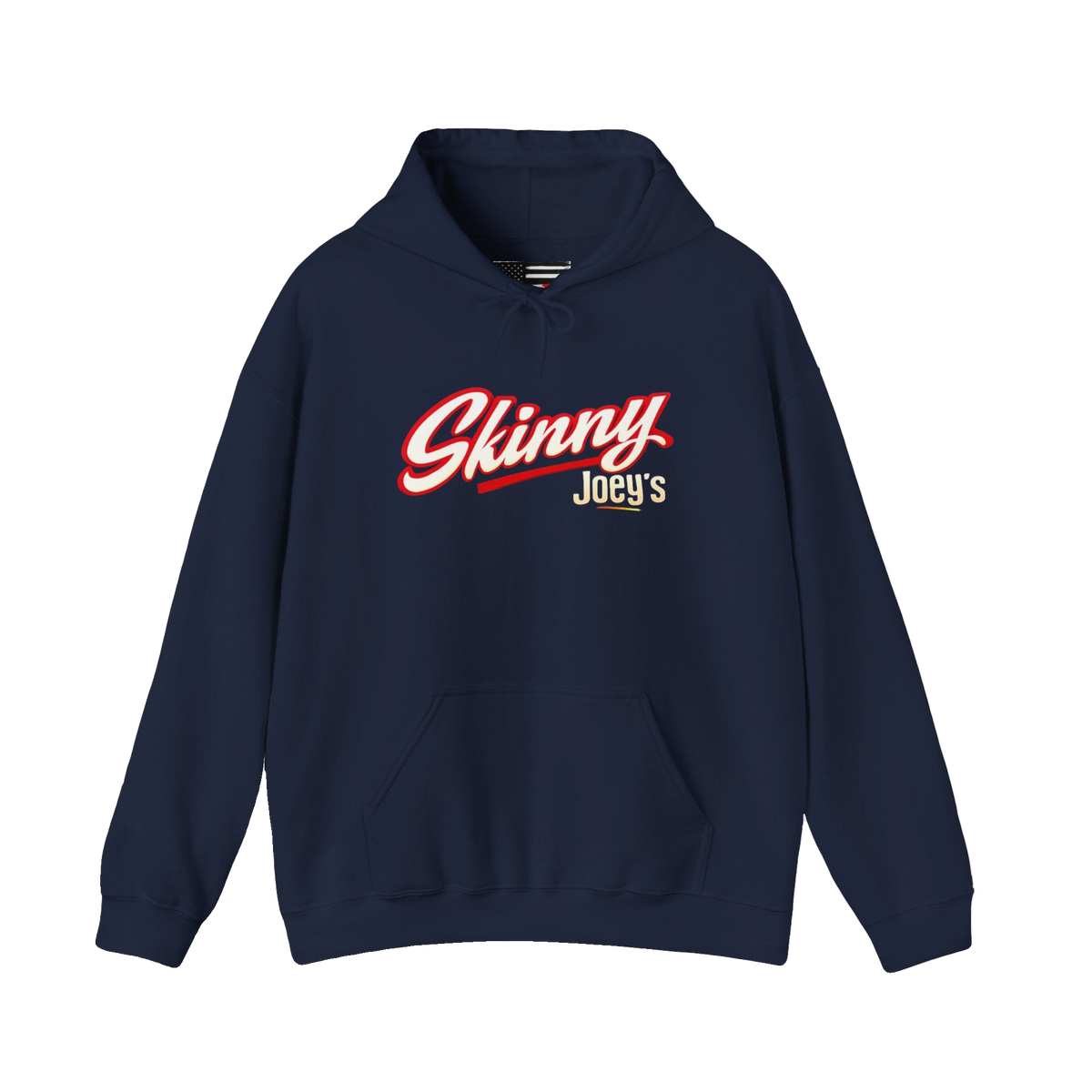 Skinny Joey's retro script logo hoodie in navy, Skinny Joey's Cheesesteaks apparel