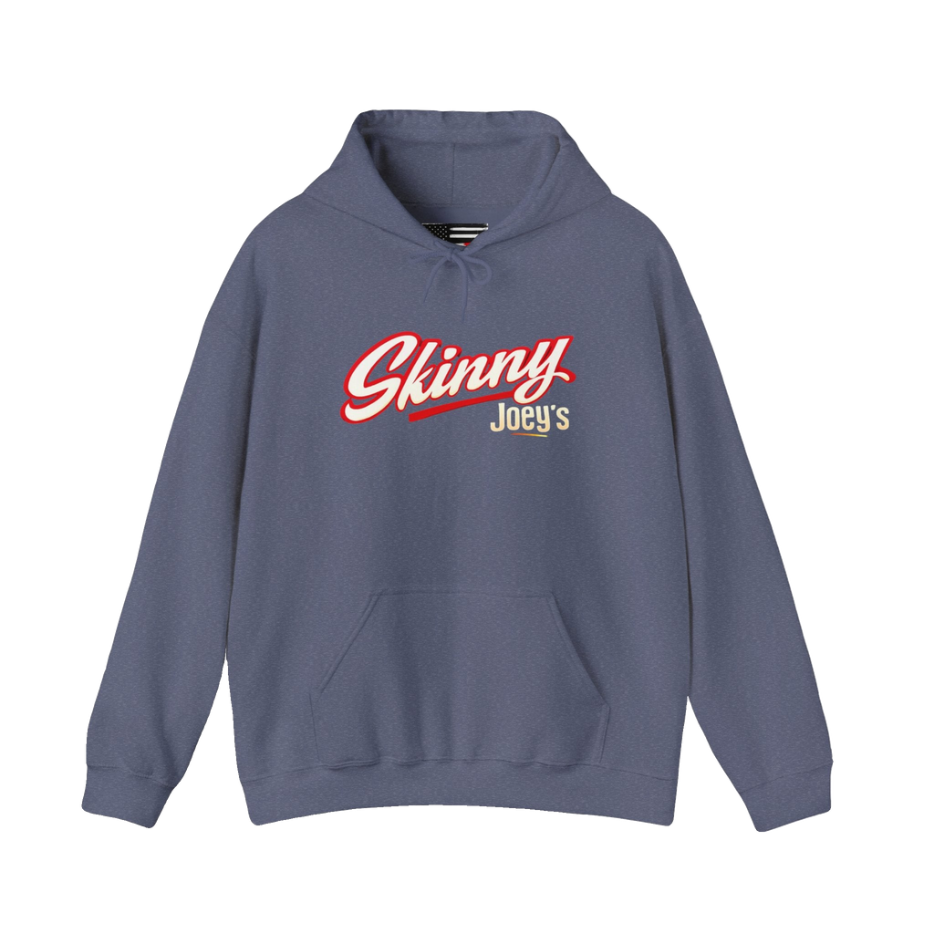 Skinny Joey's retro script logo hoodie in heather navy, Philadelphia streetwear
