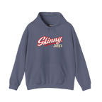 Skinny Joey's retro script logo hoodie in heather navy, Philadelphia streetwear