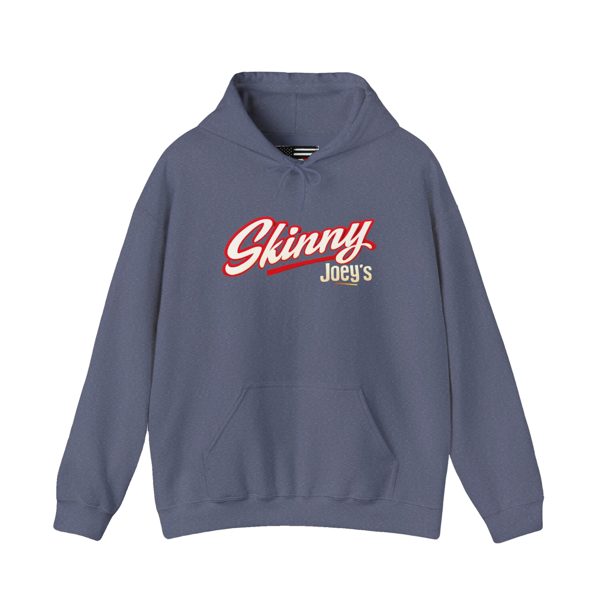 Skinny Joey's retro script logo hoodie in heather navy, Philadelphia streetwear