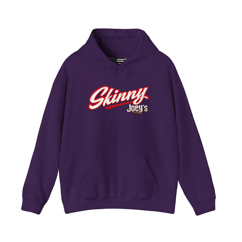Skinny Joey's retro script logo hoodie in purple, Italian American pride apparel