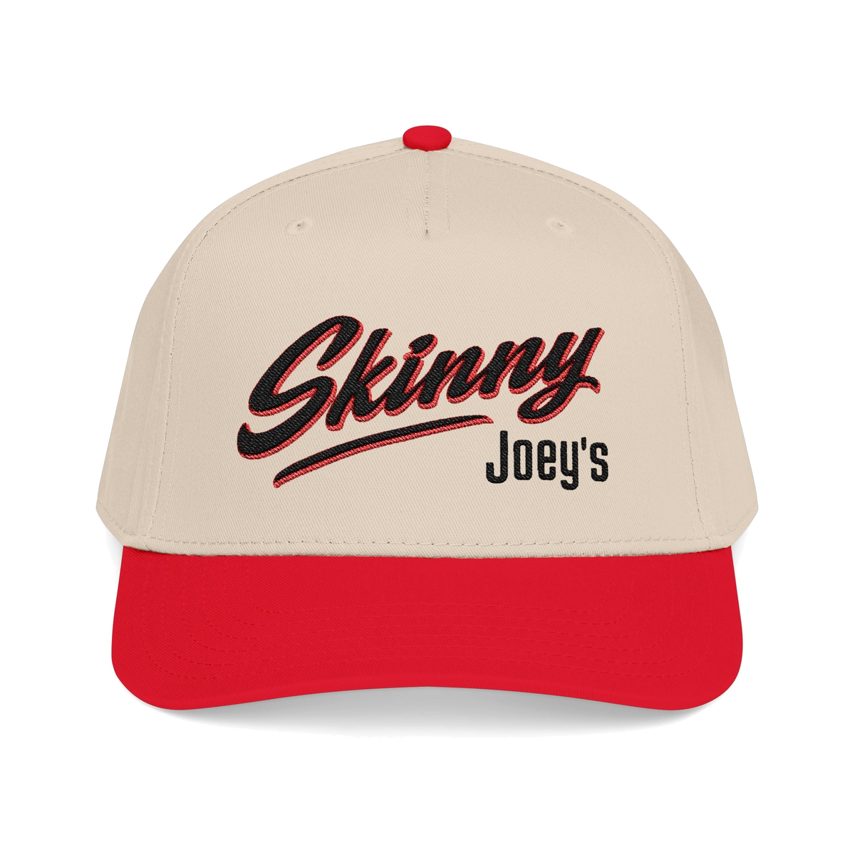 Joey Merlino logo mid-profile snapback in red and natural, Skinny Joey's Cheesesteaks apparel