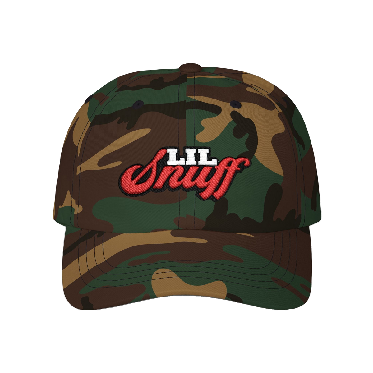 Lil Snuff dad cap in green camo, The Skinny with Joey Merlino podcast merch