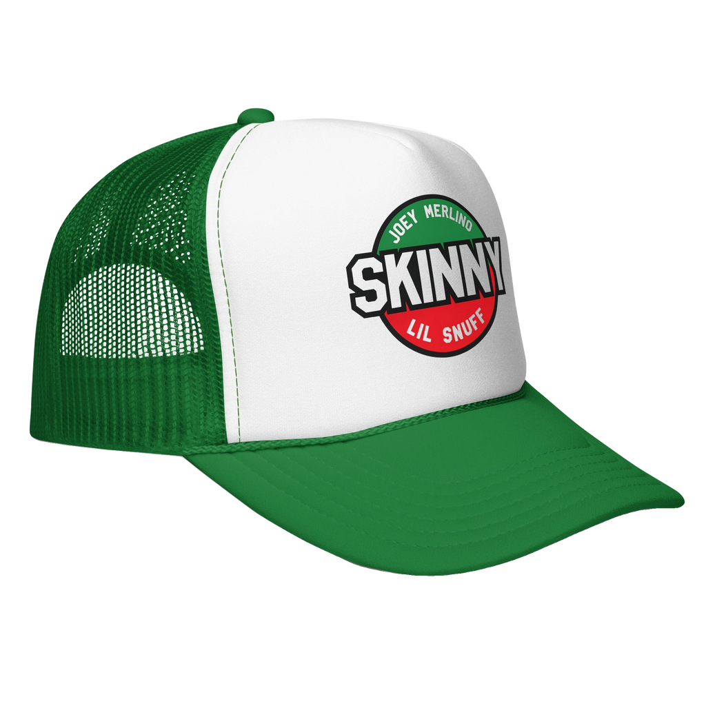 Skinny Joey foam trucker hat, front view, The Skinny with Joey Merlino podcast merch
