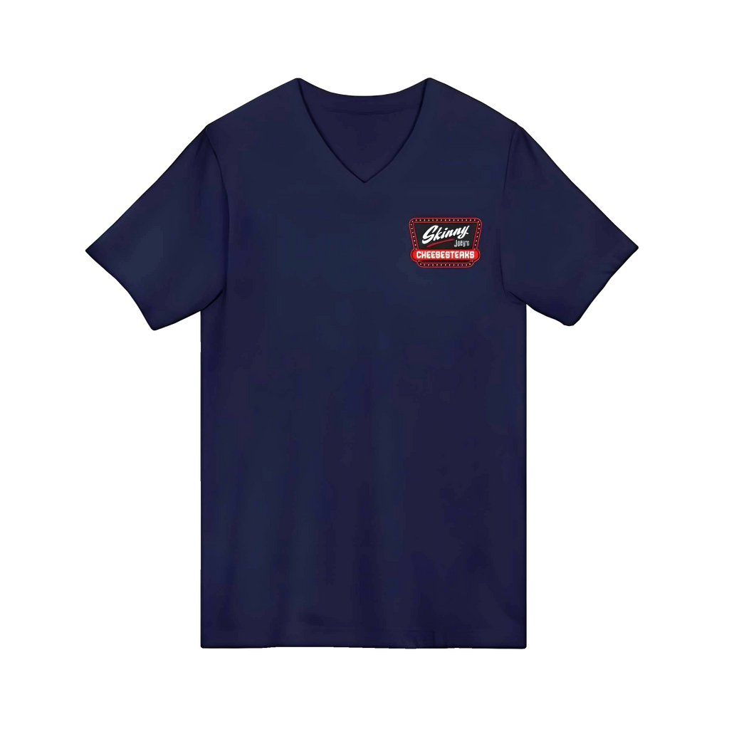 Skinny Joey's Cheesesteaks v-neck tee in navy, Skinny Joey's Cheesesteaks apparel