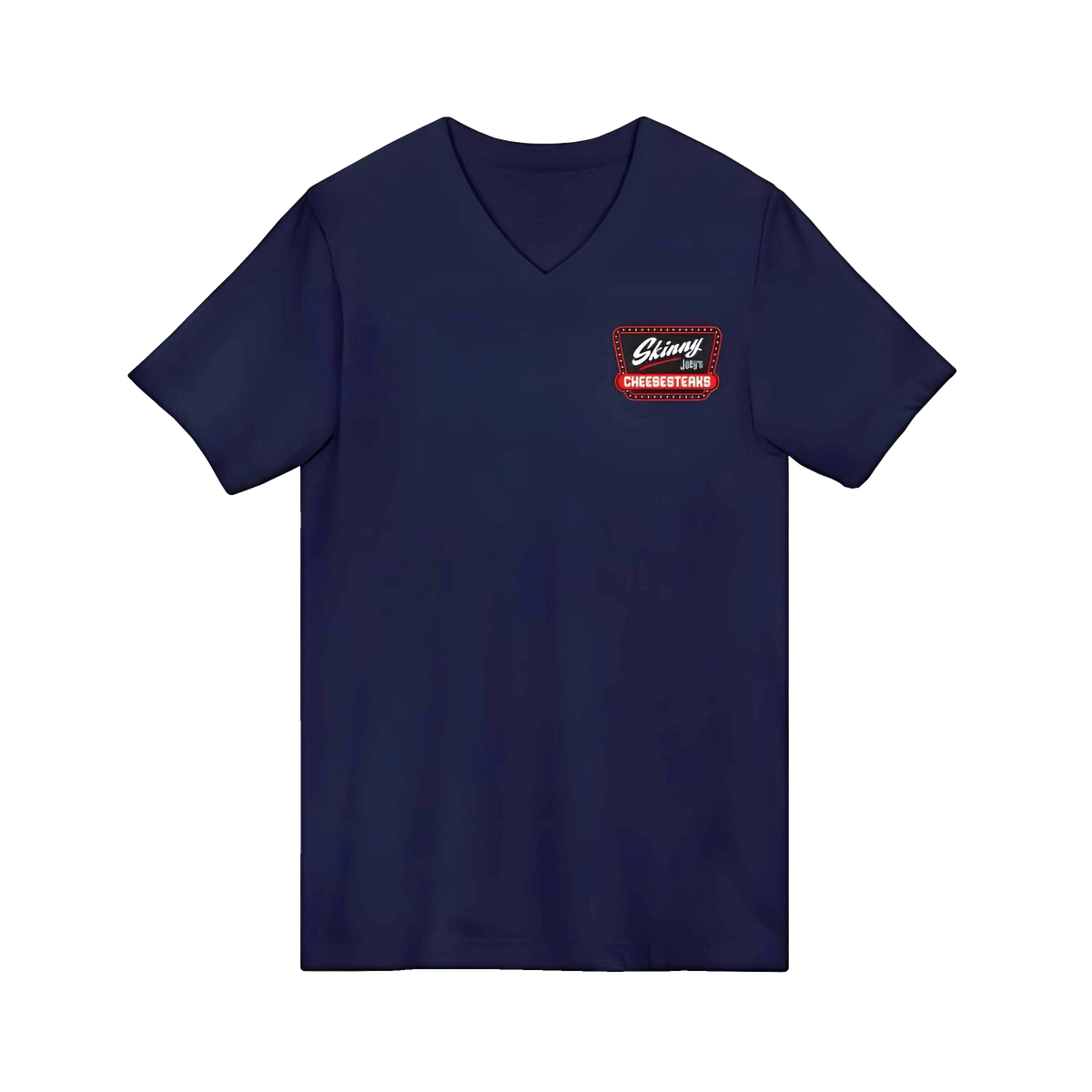 Skinny Joey's Cheesesteaks v-neck tee in navy, Skinny Joey's Cheesesteaks apparel