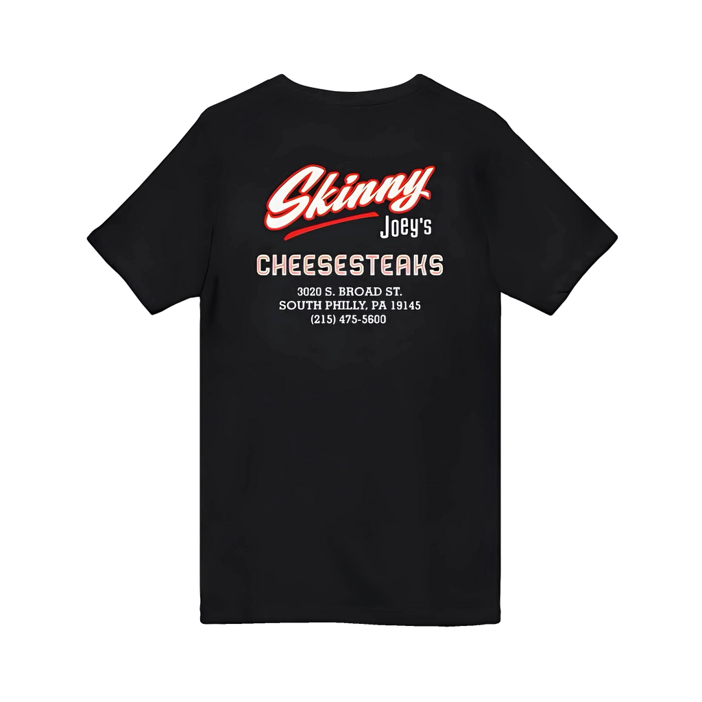 Skinny Joey's Cheesesteaks v-neck tee in black, South Philly streetwear