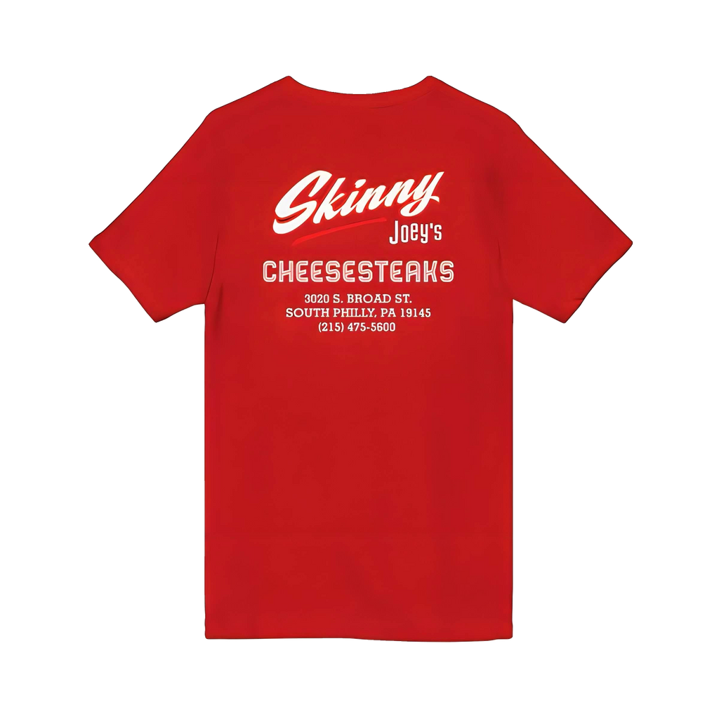 Skinny Joey's Cheesesteaks v-neck tee in red, Philadelphia streetwear