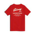 Skinny Joey's Cheesesteaks v-neck tee in red, Philadelphia streetwear