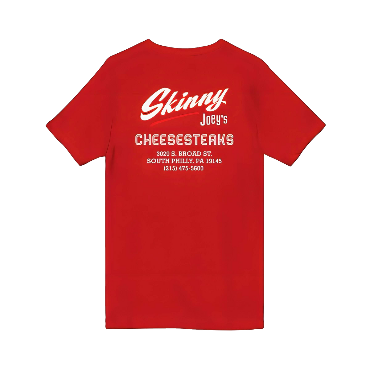 Skinny Joey's Cheesesteaks v-neck tee in red, Philadelphia streetwear