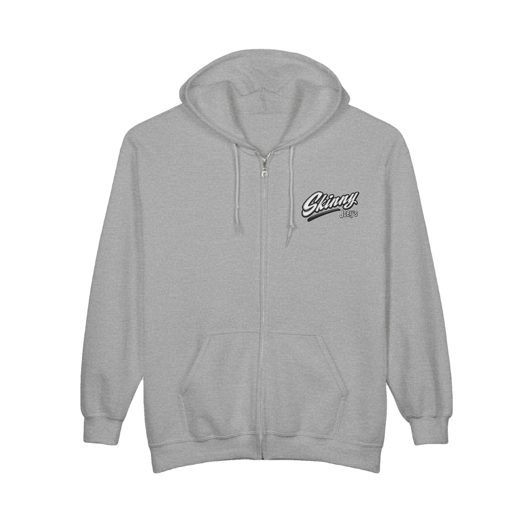 Skinny Joey's vintage script zip-up hoodie in sport grey, The Skinny Podcast with Joey Merlino & Lil Snuff merch