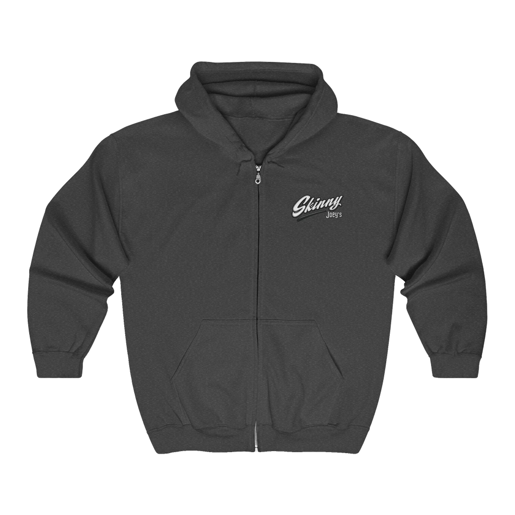 Skinny Joey's vintage script zip-up hoodie in dark heather gray, South Philly streetwear