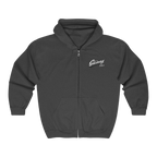 Skinny Joey's vintage script zip-up hoodie in dark heather gray, South Philly streetwear