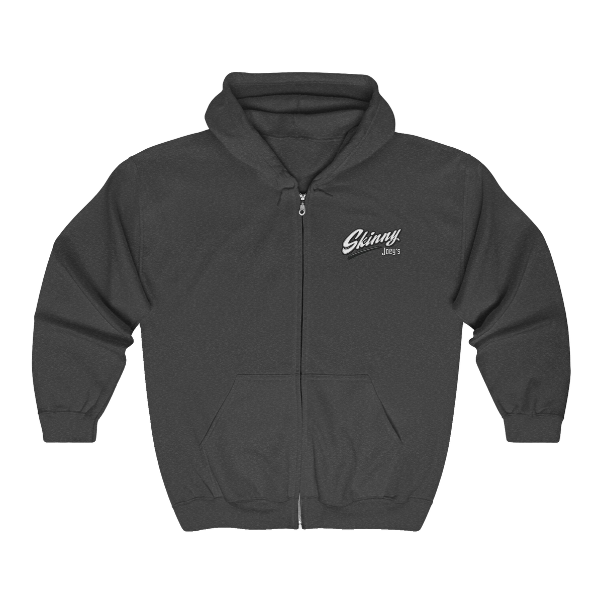 Skinny Joey's vintage script zip-up hoodie in dark heather gray, South Philly streetwear