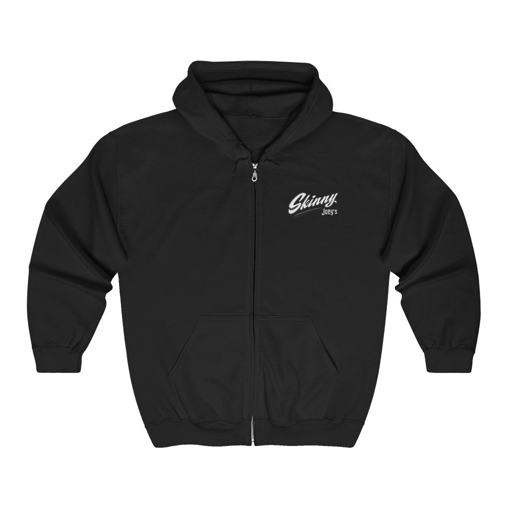 Skinny Joey's vintage script zip-up hoodie in black, Philadelphia streetwear