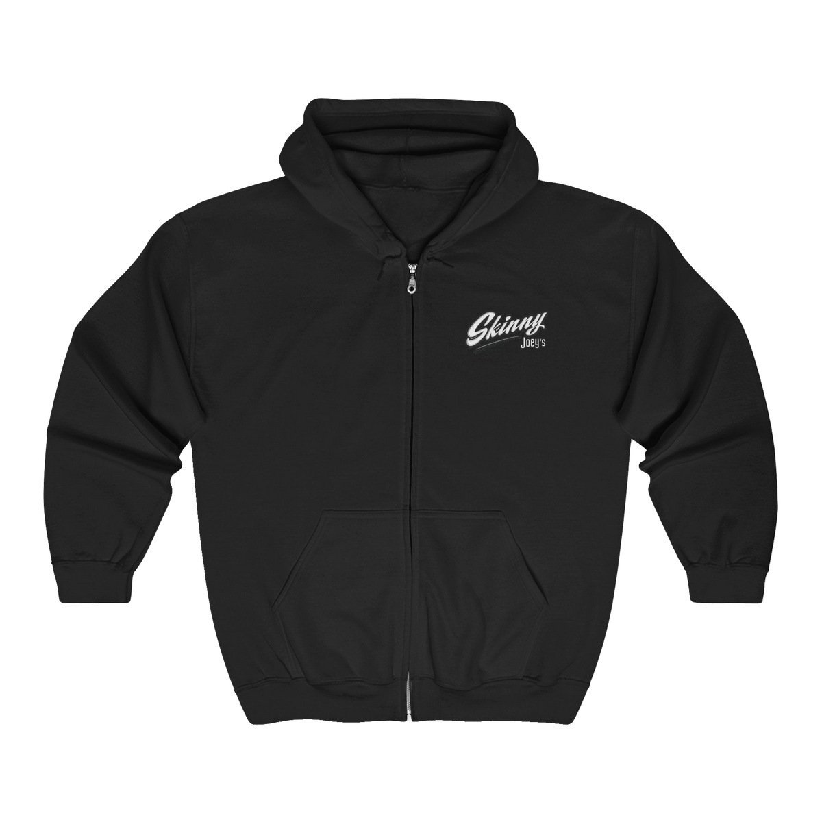 Skinny Joey's vintage script zip-up hoodie in black, Philadelphia streetwear