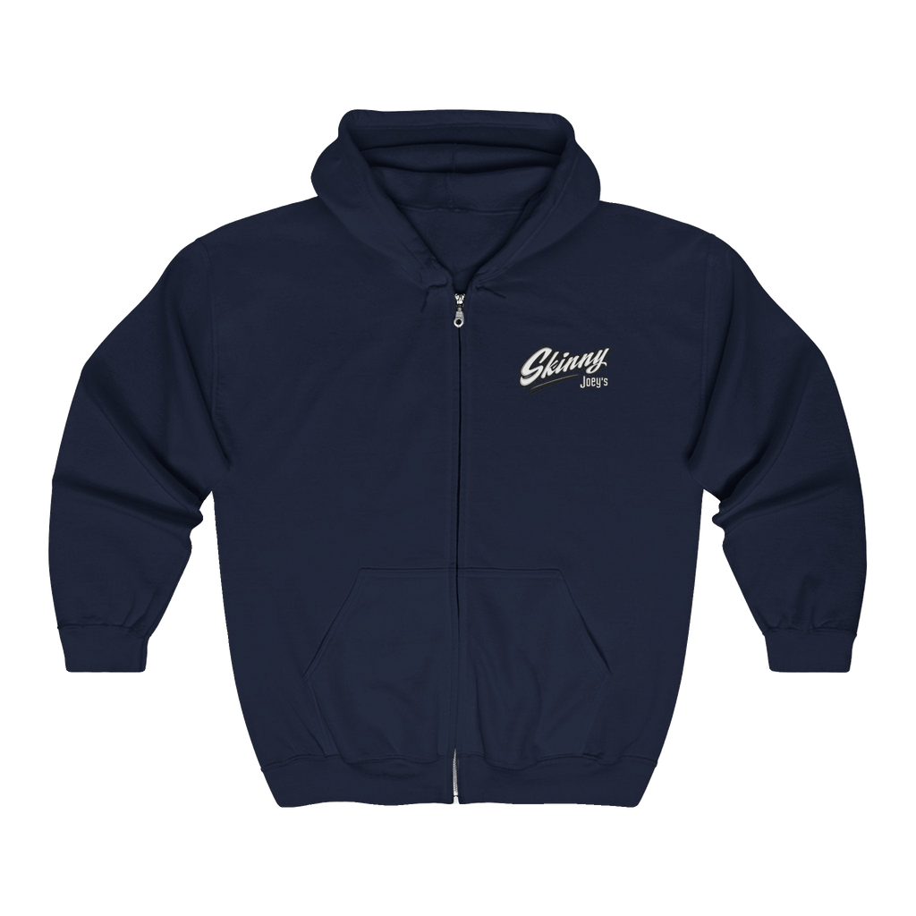 Skinny Joey's vintage script zip-up hoodie in navy, The Skinny with Joey Merlino podcast merch