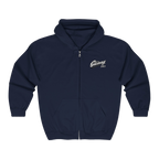 Skinny Joey's vintage script zip-up hoodie in navy, The Skinny with Joey Merlino podcast merch
