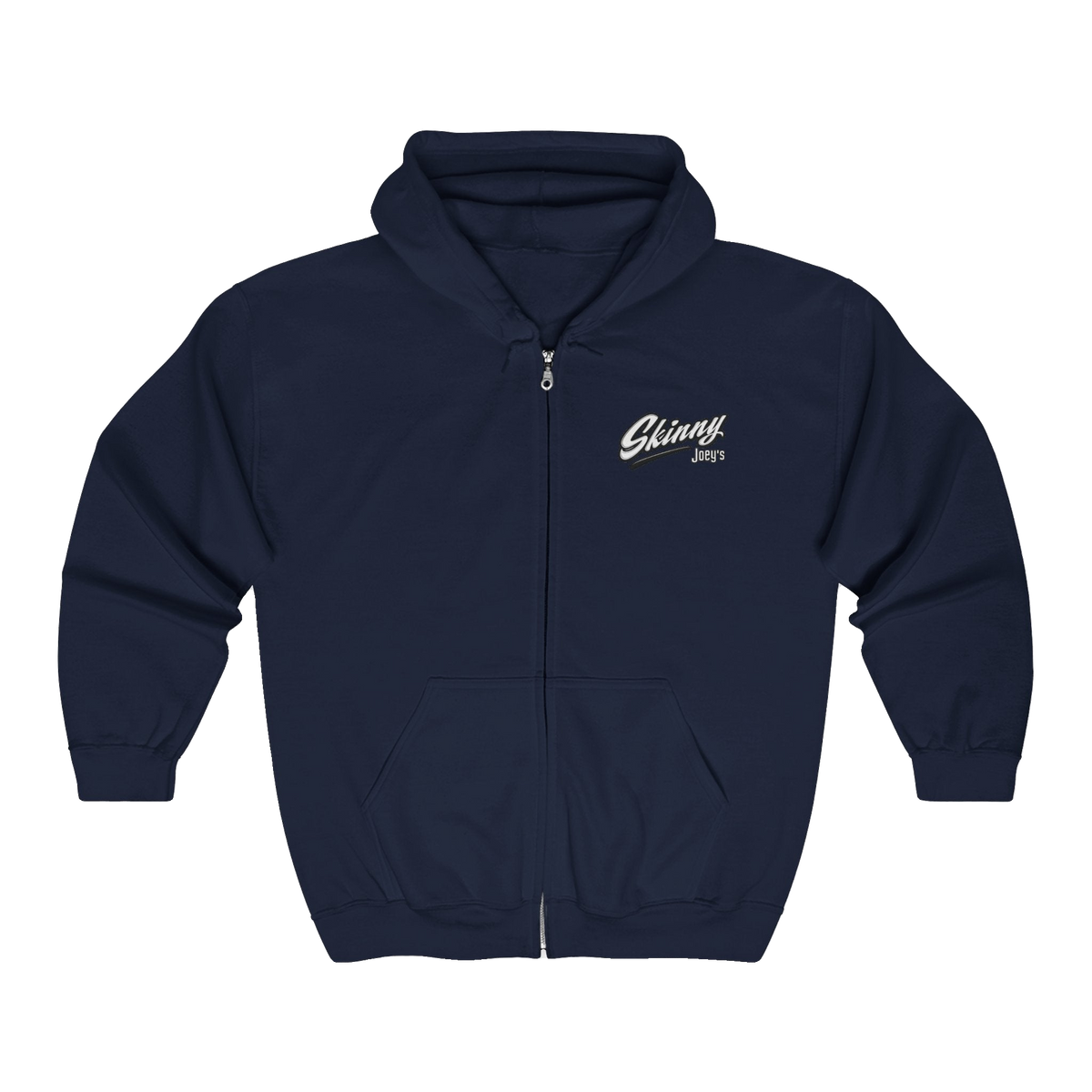 Skinny Joey's vintage script zip-up hoodie in navy, The Skinny with Joey Merlino podcast merch