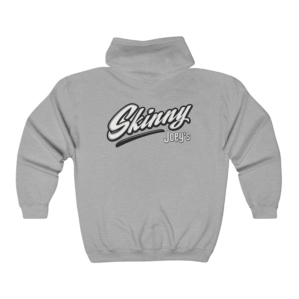 Skinny Joey's vintage script zip-up hoodie, main product photo, Italian American pride apparel