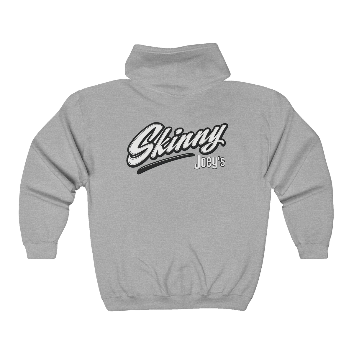 Skinny Joey's vintage script zip-up hoodie, main product photo, Italian American pride apparel