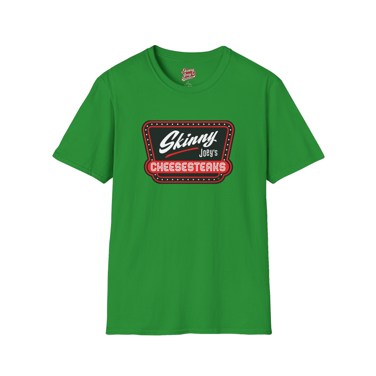 Skinny Joey's Cheesesteaks official tee in Irish green, The Skinny Podcast with Joey Merlino & Lil Snuff merch