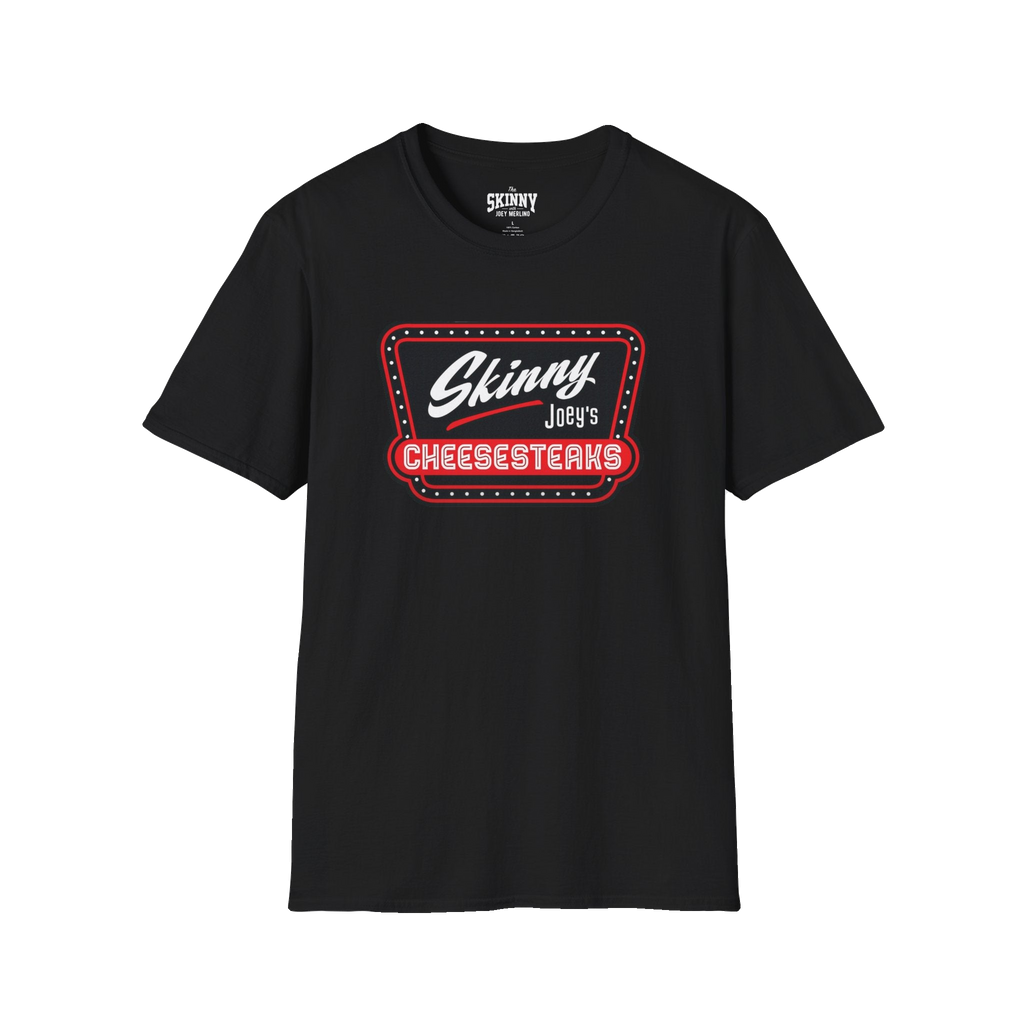 Skinny Joey's Cheesesteaks official tee in black, The Skinny with Joey Merlino podcast merch