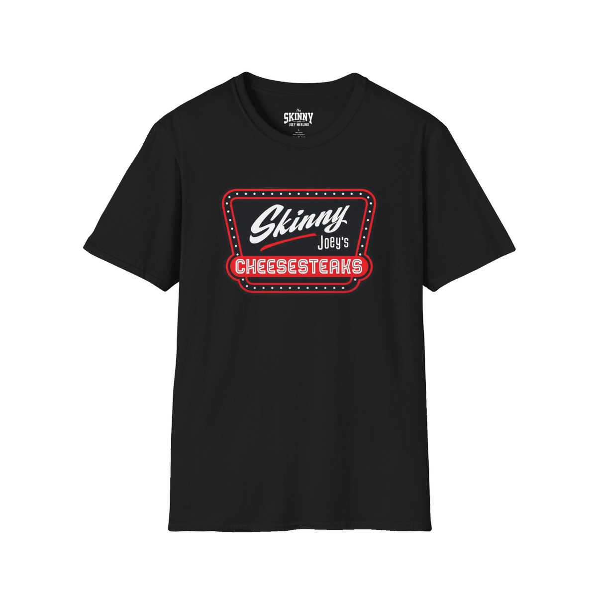 Skinny Joey's Cheesesteaks official tee in black, The Skinny with Joey Merlino podcast merch