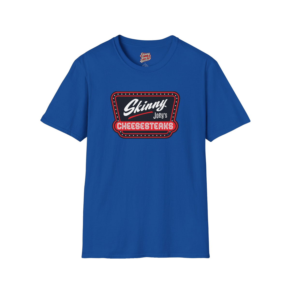 Skinny Joey's Cheesesteaks official tee in royal blue, Philadelphia streetwear