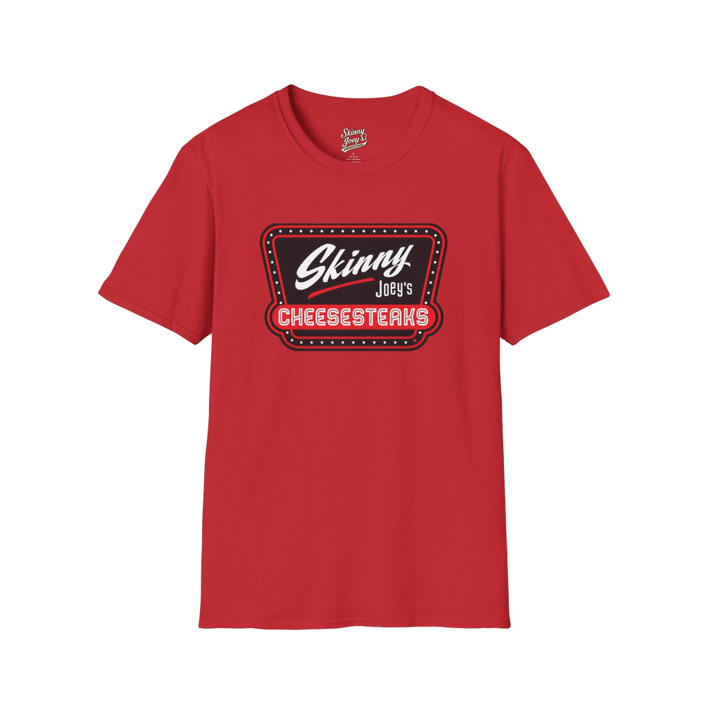 Skinny Joey's Cheesesteaks official tee in red, Skinny Joey's Cheesesteaks apparel