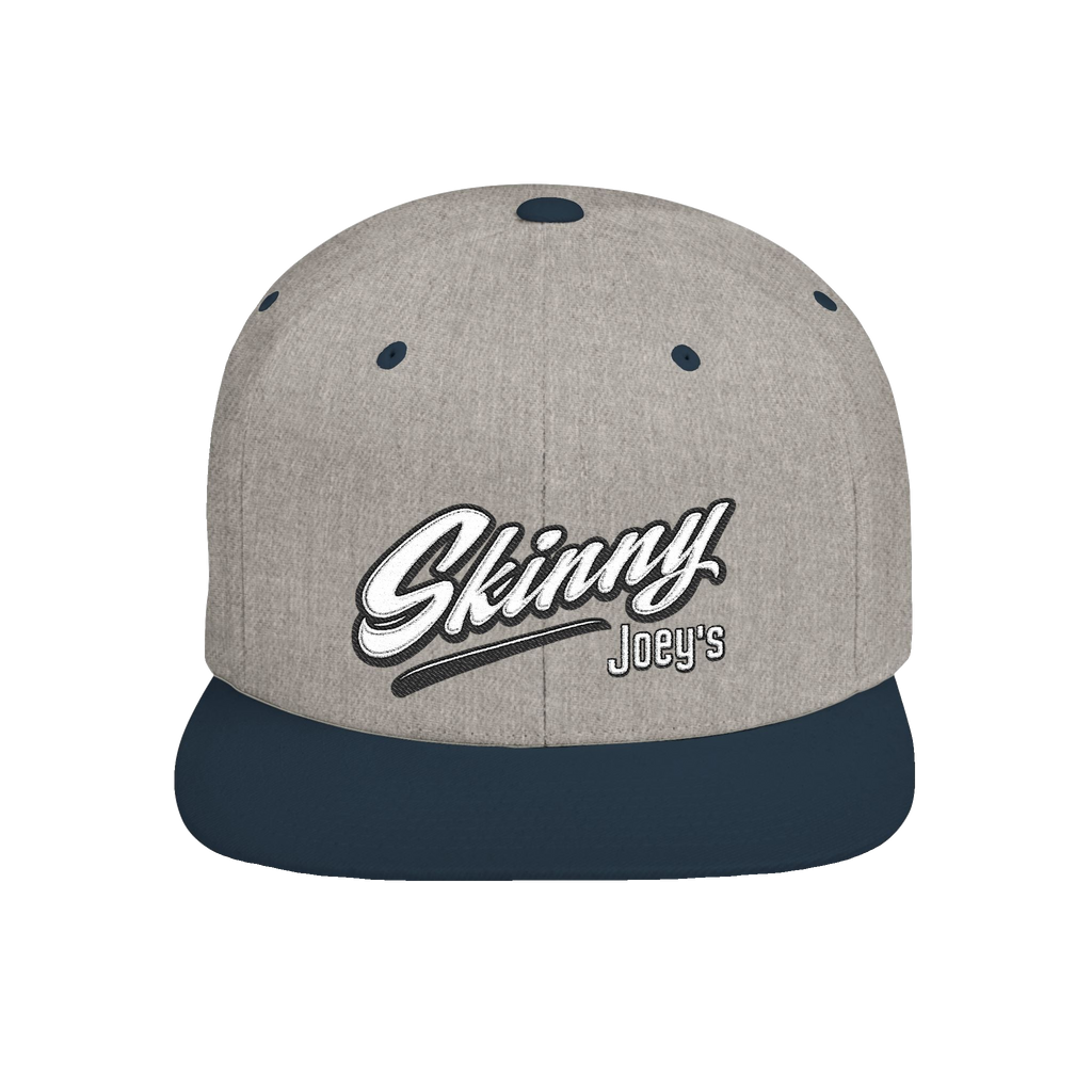 Skinny Joey's retro script flat bill snapback in heather grey and navy, Philadelphia streetwear