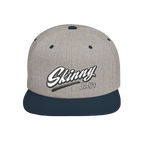 Skinny Joey's retro script flat bill snapback in heather grey and navy, Philadelphia streetwear