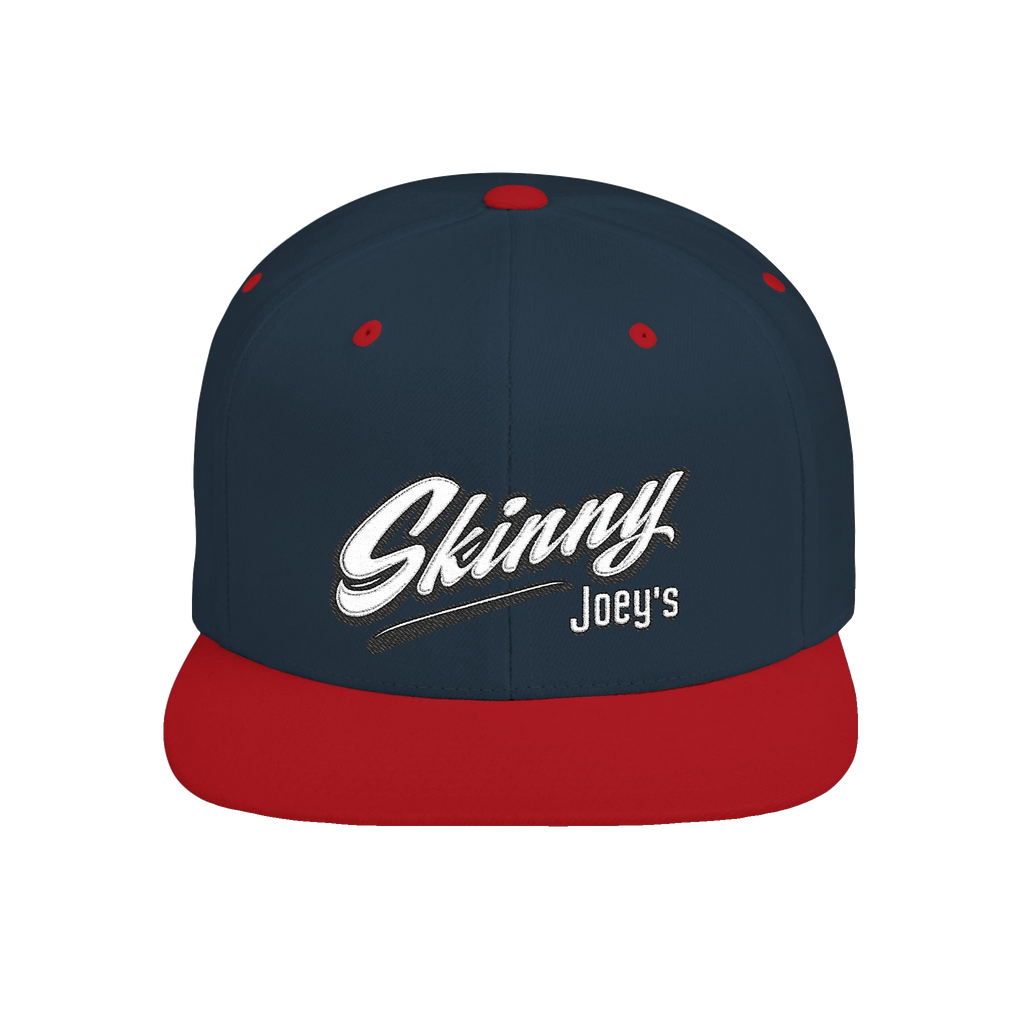 Skinny Joey's retro script flat bill snapback in navy and red, The Skinny with Joey Merlino podcast merch
