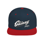 Skinny Joey's retro script flat bill snapback in navy and red, The Skinny with Joey Merlino podcast merch