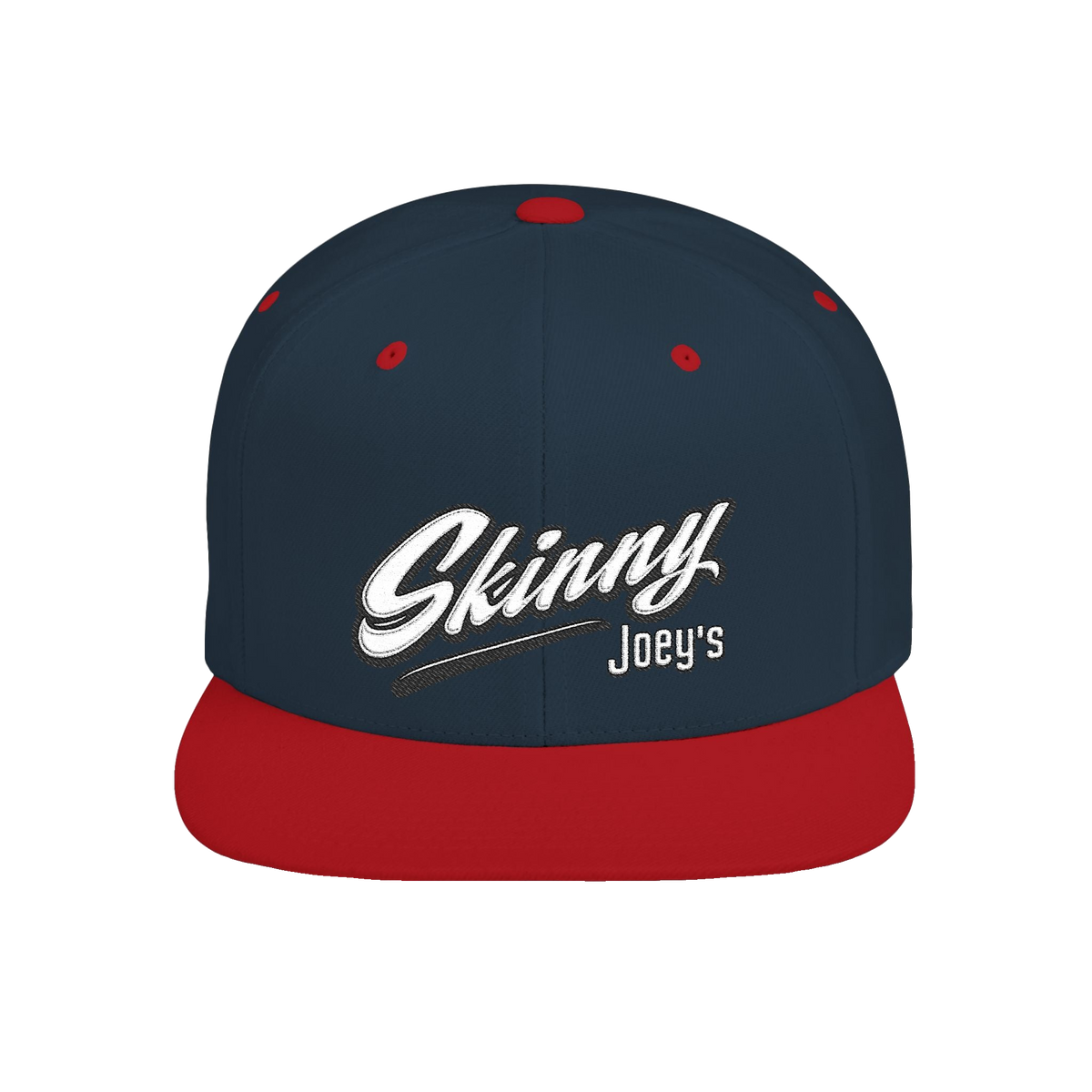 Skinny Joey's retro script flat bill snapback in navy and red, The Skinny with Joey Merlino podcast merch