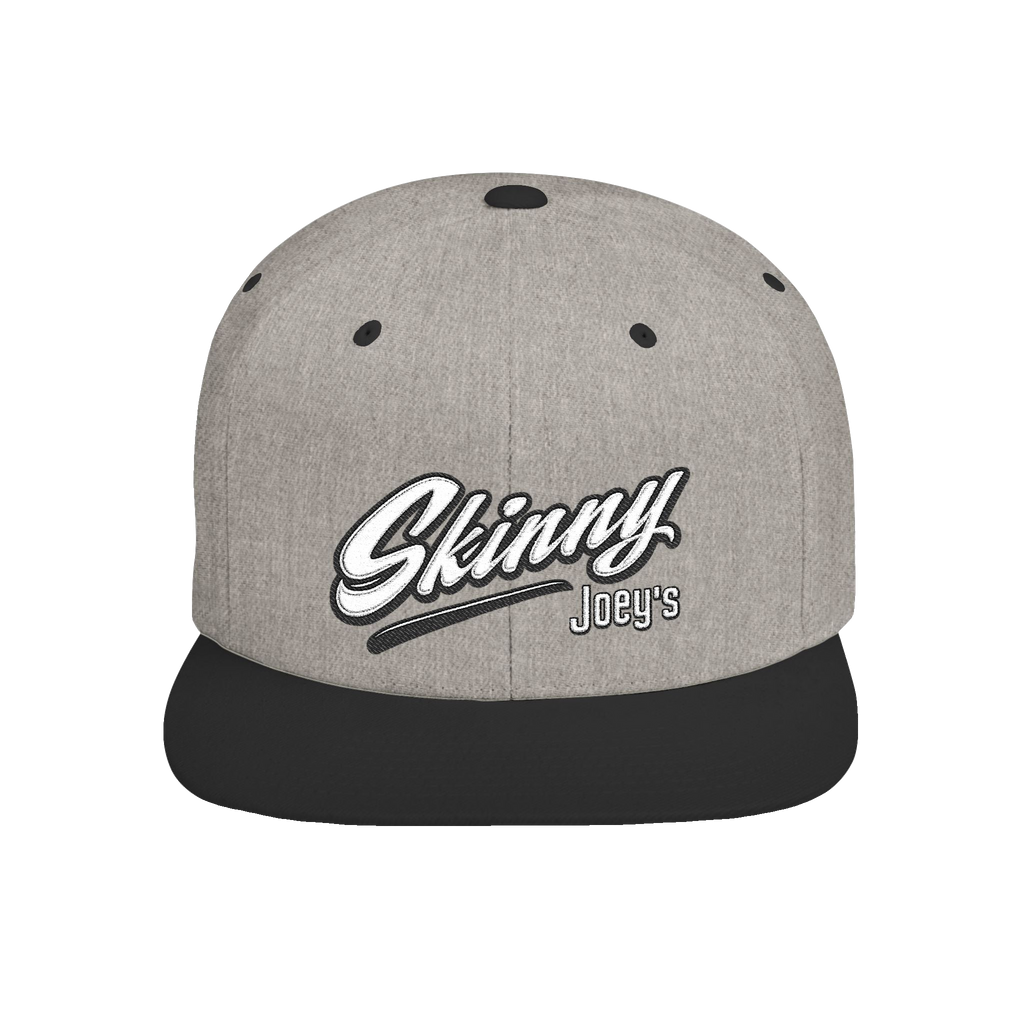 Skinny Joey's retro script flat bill snapback in heather grey and black, Skinny Joey's Cheesesteaks apparel