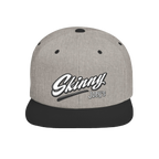Skinny Joey's retro script flat bill snapback in heather grey and black, Skinny Joey's Cheesesteaks apparel